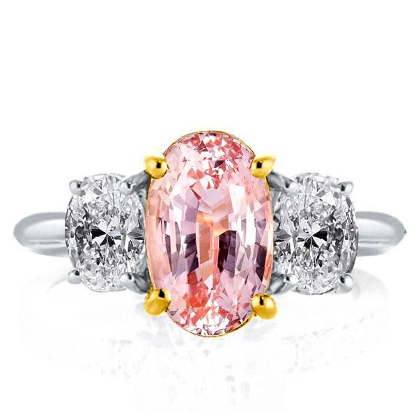 TWO TONE THREE STONE PINK OVAL ENGAGEMENT RING