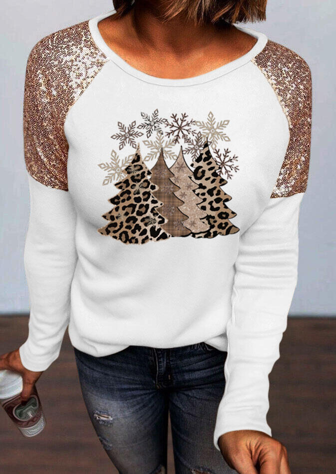 Leopard Christmas Tree Snowflake Sequined Splicing Blouse